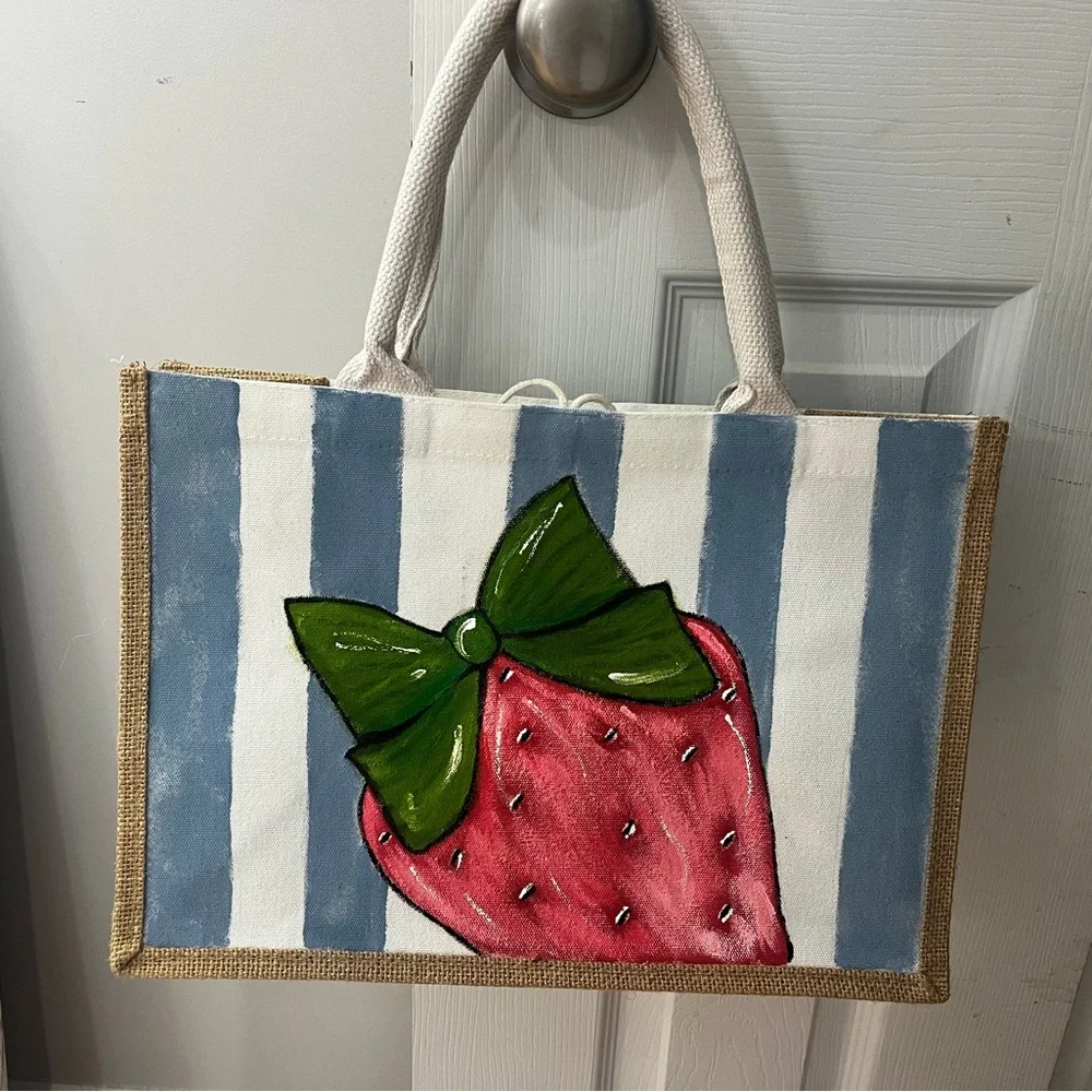 Strawberry Canvas Tote Bag - Green, Red, and Blue - Picture 2 of 8